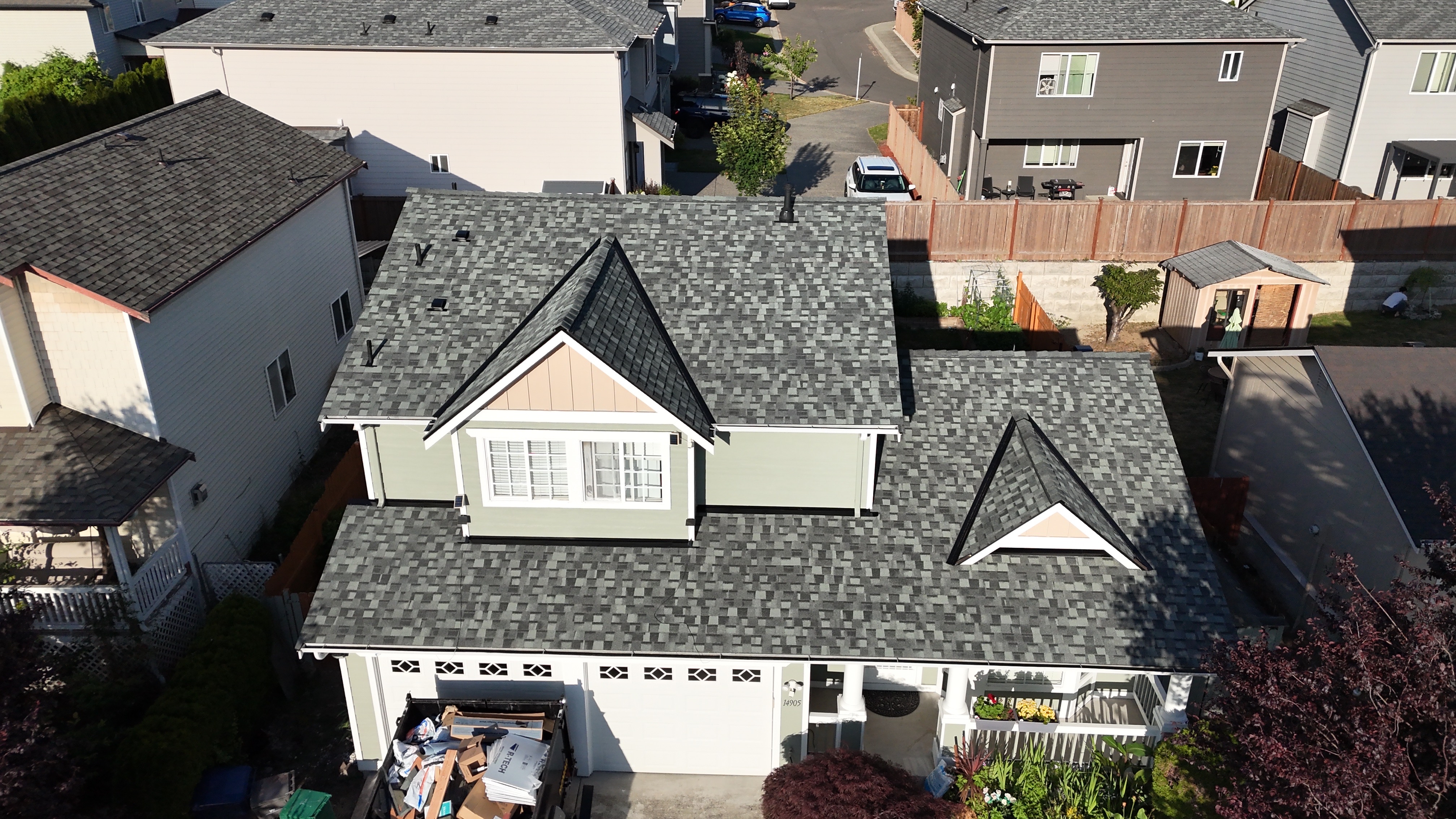 Aerial drone photo of a Blitz Roofing asphalt shingle roof in the Lynnwood, WA area