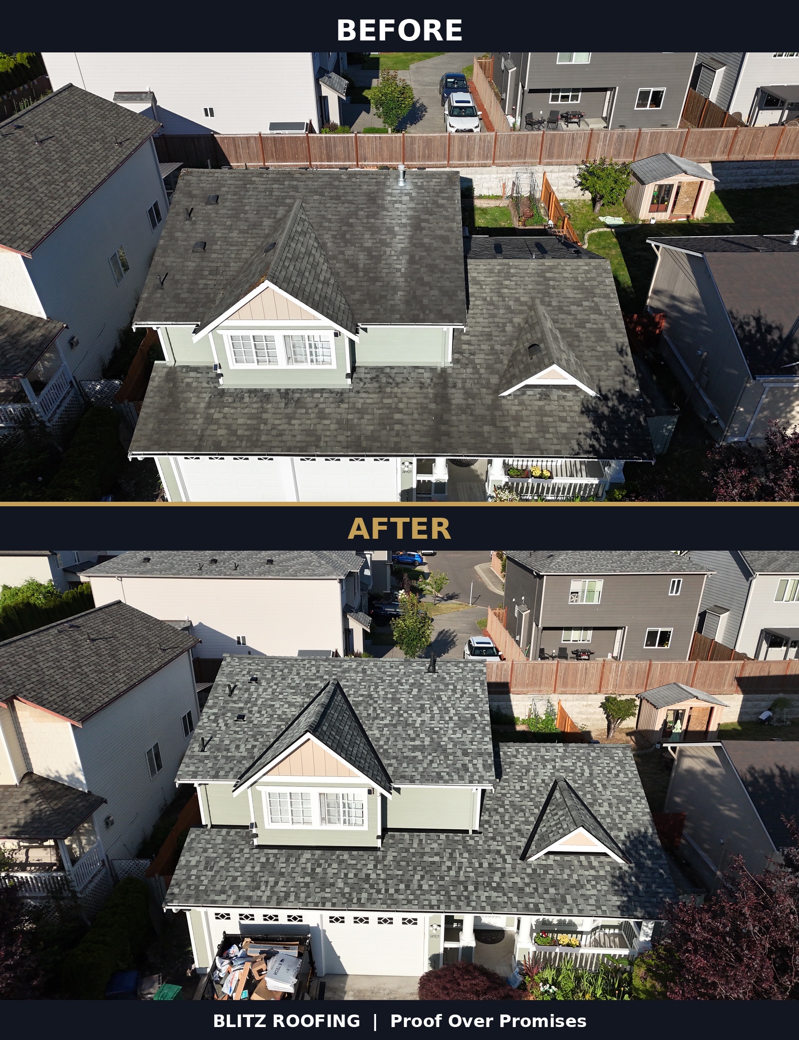 Before-and-after aerial comparison of a Blitz Roofing shingle replacement in Lynnwood, WA